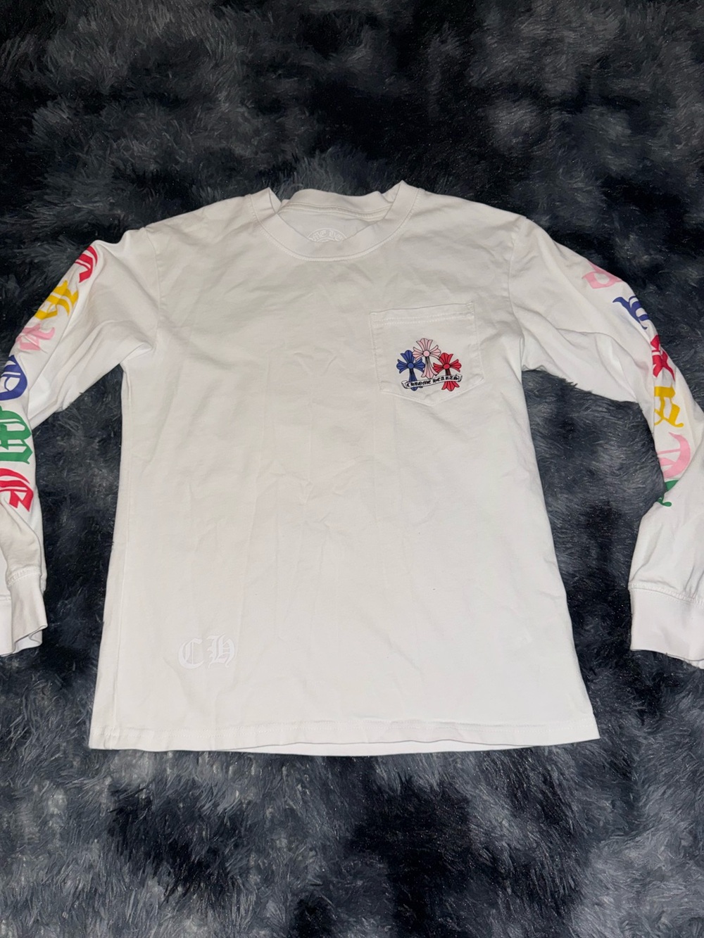 Chrome Hearts White Long Sleeve Pocket Tee with Multicolor Sleeve Graphics